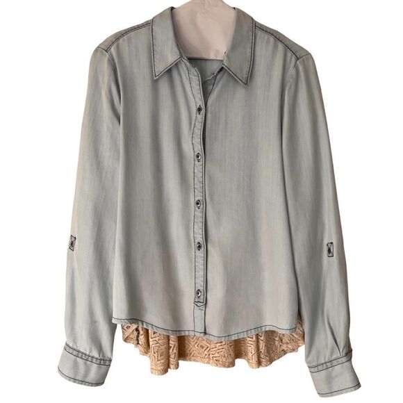 Anthropologie Holding Horses chambray with lace back detail button down top S - Picture 1 of 10
